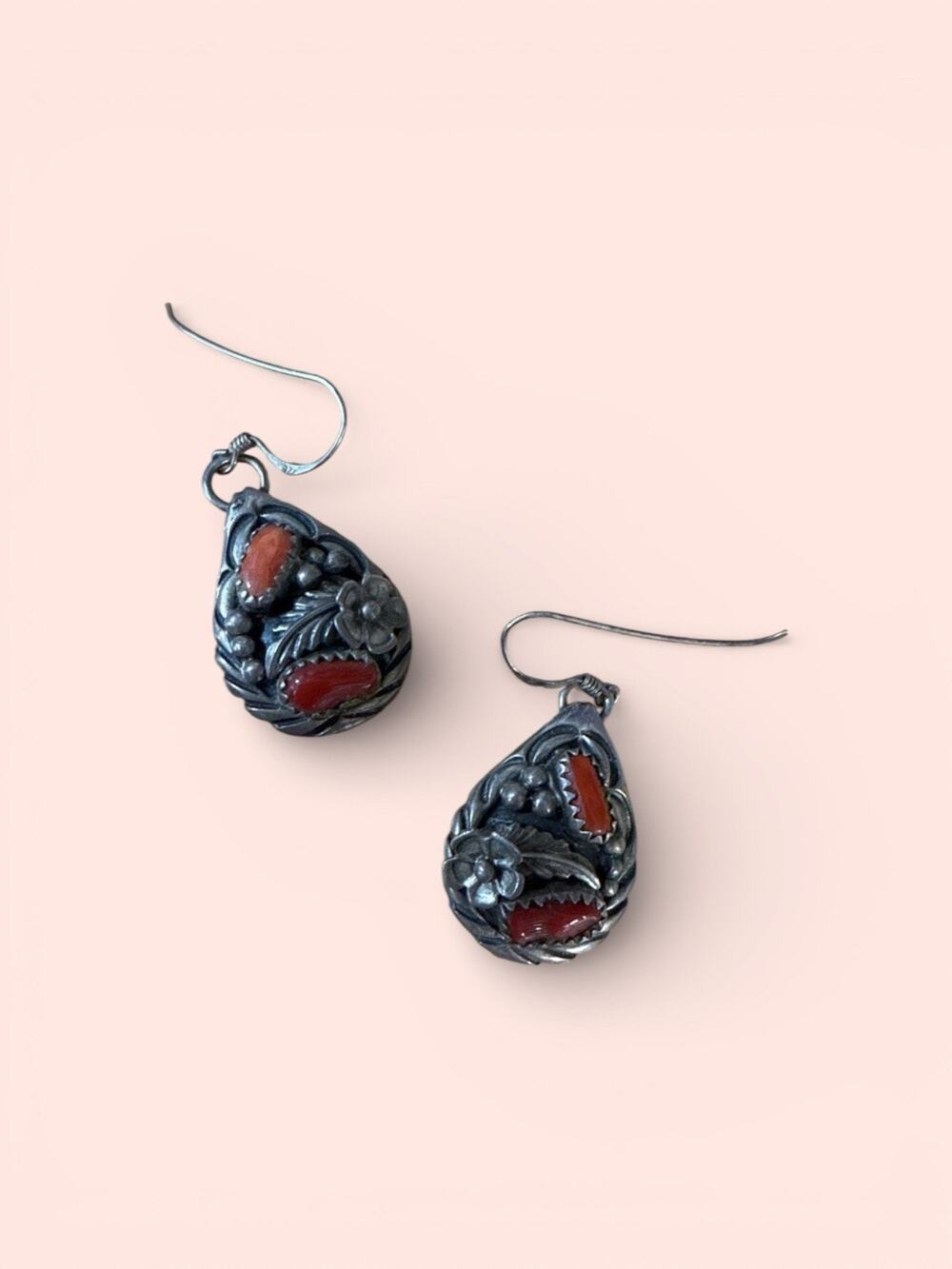 Navajo Signed Chester Benally & Fannie Ashley Sterling Silver & Coral Earrings